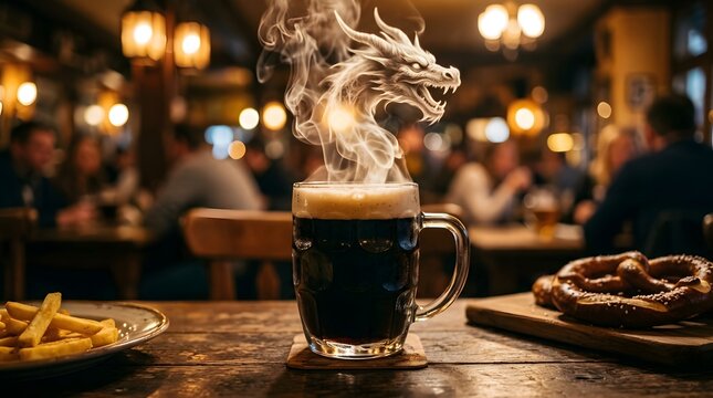A glass mug of dark beer with steam rising in the shape of a dragon in a pub
