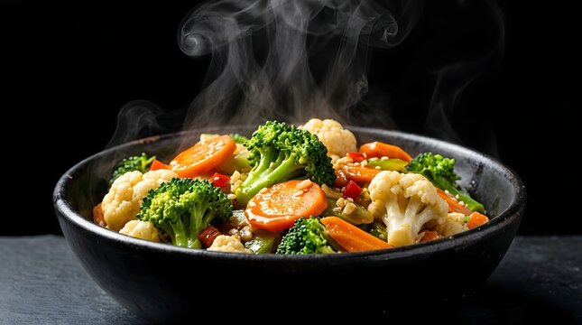 A steaming bowl of freshly cooked mixed vegetable stir fry with broccoli and carrots on a dark background