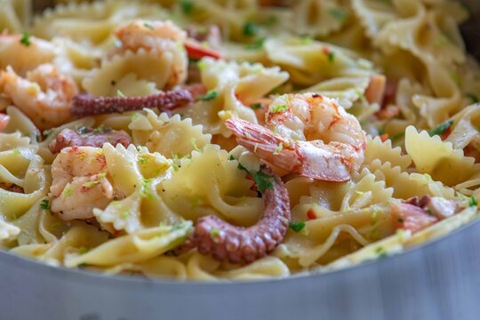Farfalle pasta with shrimp, octopus and fresh tomato