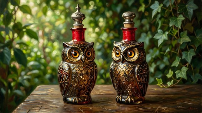 Two decorative vintage owl shaped glass bottles sitting on a rustic wooden table in a lush garden