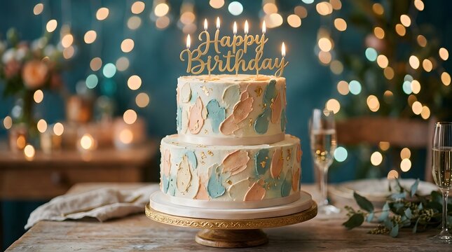Two tier birthday cake decorated with colorful floral patterns and lit candles on a festive table setting