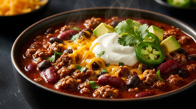 Delicious steaming bowl of homemade spicy beef chili topped with melted cheddar cheese sour cream fresh avocado and jalapeno