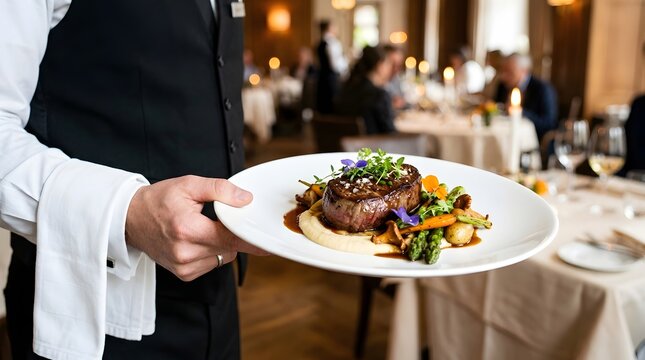 A professional waiter serving a gourmet meat dish to guests in an elegant fine dining restaurant setting