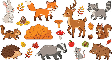 Obraz premium Cute cartoon forest animals vector illustration set featuring friendly autumn woodland characters fox deer badger raccoon hedgehog and seasonal fall leaves