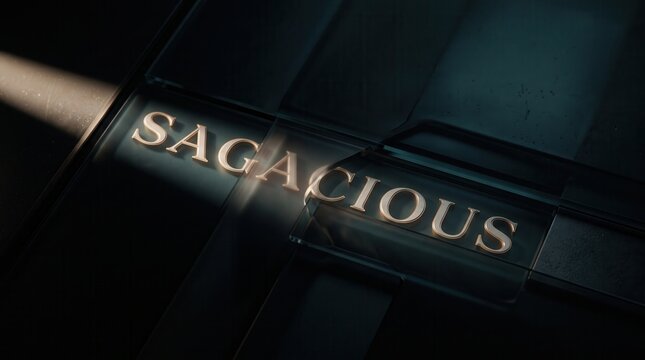 Sagacious word embossed in metallic finish on dark