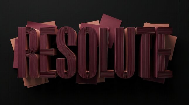 Resolute text carved in dark red structured blocks on dark
