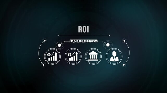 Business ROI return on investment financial strategy concept animation, modern corporate growth background with digital icon graphics for stock.