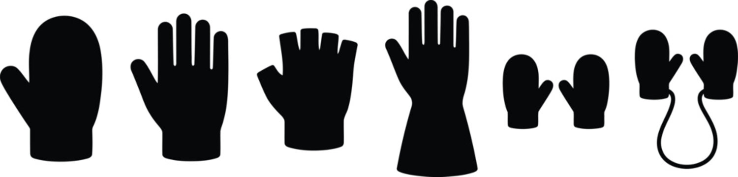 Set of winter gloves and mittens vector silhouette icons with clothing accessory silhouette