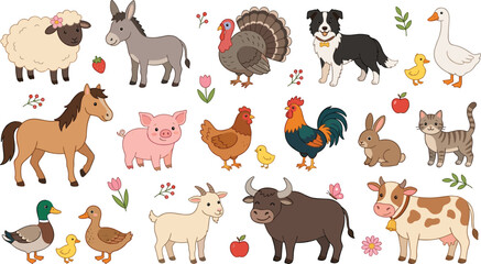 Obraz premium Cute cartoon farm animals vector illustration collection featuring friendly cow horse pig sheep goat donkey dog cat and poultry domestic characters