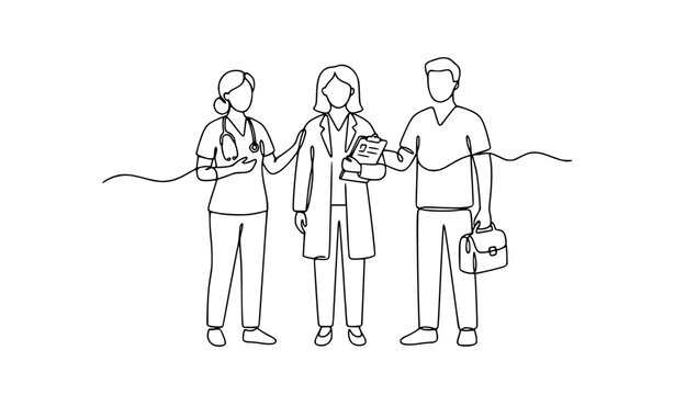 Medical team continuous line vector illustration featuring doctors healthcare professionals teamwork patient care and clinical collaboration