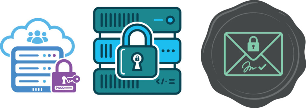 Set of digital security icons featuring cloud storage server protection and encrypted email communication for modern business network safety