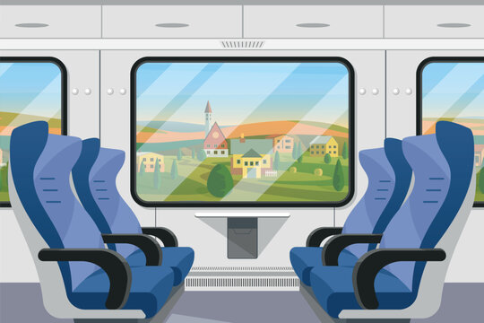 Comfortable modern train compartment with blue seats and large windows showing scenic countryside landscape and village outside, designed for travel and transportation concepts vector illustration
