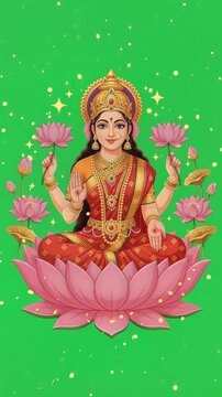 Hindu Goddess Lakshmi Sitting on Lotus Green Screen Animation
