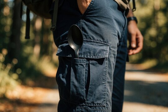 Large black spoon stays in cargo pocket of blue pants. Male traveler walks on forest path during summer trip. Camping utensil tucked in techwear clothing for hiking outdoor meal. Person carries food
