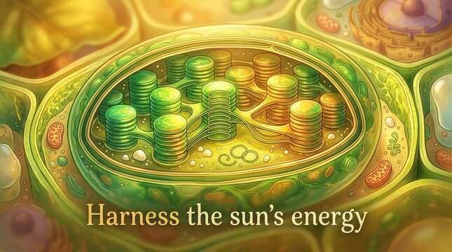 Detailed illustration of a plant cell chloroplast, showing stacks of thylakoids (grana) inside, symbolizing photosynthesis and solar energy capture in