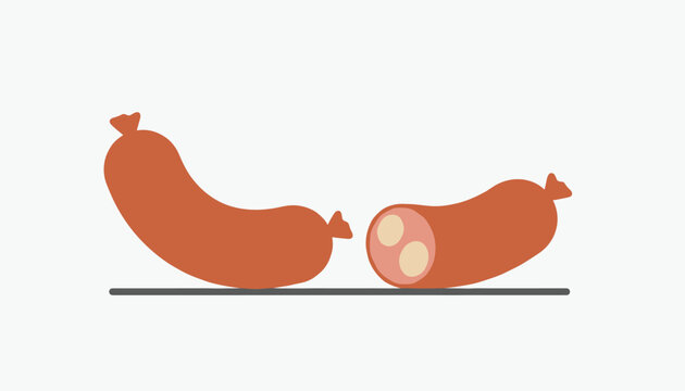 Whole sausage and half cut sausage with visible fat and meat pieces shown together on a simple dark line surface.