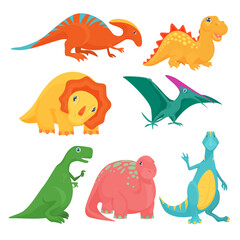 Cute collection of cartoon dinosaurs in bright colors, including triceratops, pterodactyl, and t-rex, perfect for kids and educational designs, isolated on white background vector illustration © lembergvector