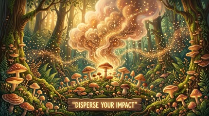 Fototapeta premium Enchanted forest with a magical mushroom circle emitting sparkling golden spores and wisps of light, mystical fantasy scene