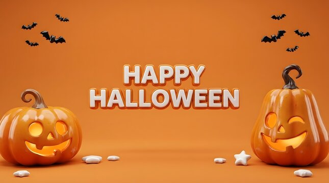 Happy Halloween 3D text banner with glowing jack-o-lantern pumpkins and flying bats on orange background