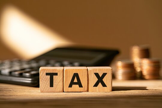 Wooden blocks spelling "TAX" with calculator and coins, business concept