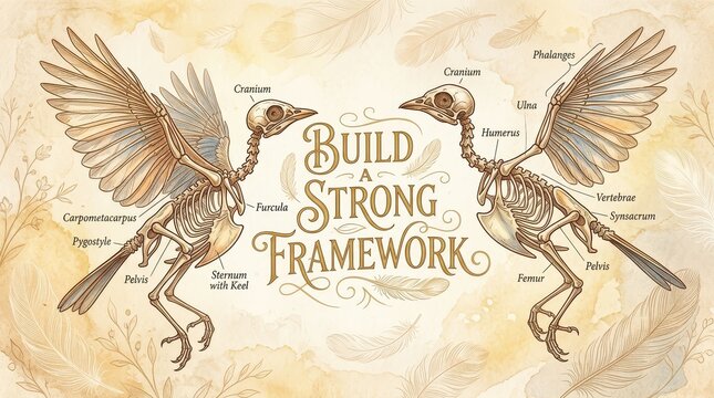 Detailed illustration of bird skeleton anatomy with labels, against a vintage background and text 'Build a Strong Framework'.