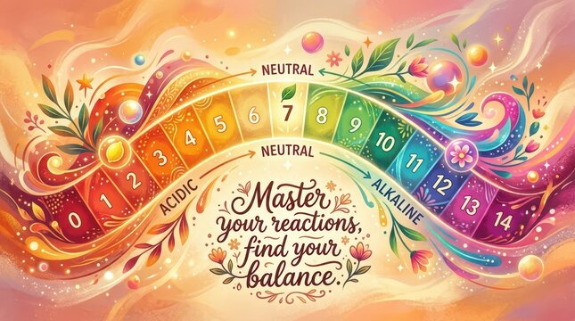 Colorful pH scale illustration with numbers 0-14, labeled acidic, neutral, and alkaline, featuring inspirational text and decorative elements