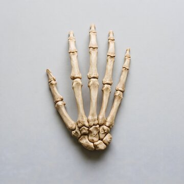 Dorsal flat lay view of human hand skeleton on neutral gray background