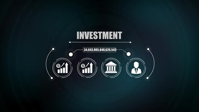 Business investment concept featuring financial growth chart, innovation idea bulb, banking institution icon, and corporate executive.