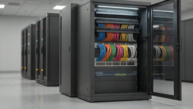Modern Data Center Equipment with Colorful Cables and Servers