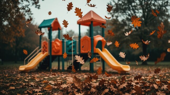 Autumn park scene with playground. Oak leaves fall around colorful slides and climbing structures. Fallen foliage carpets the ground, creating a cozy seasonal atmosphere.
