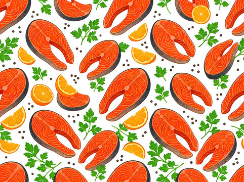 Salmon fish steak pattern with lemon and parsley