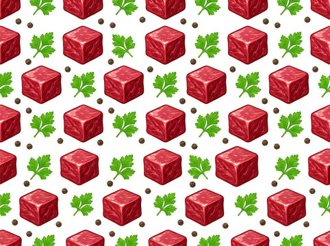 Seamless pattern with meat cubes and green parsley leaves