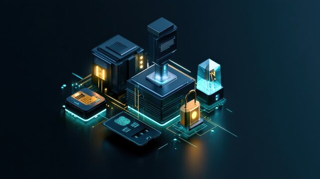 3D Isometric Cyber Security Concept Digital Tech Security System Hardware Chip Biometric ID Scanner Lock Shield Data Protection Network Privacy Cyber Defense Abstract Technology Server Visualization