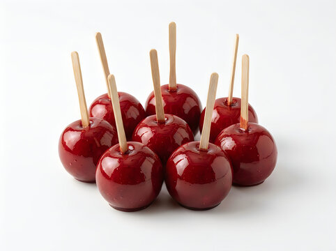 Group of shiny red candy apples on wooden sticks