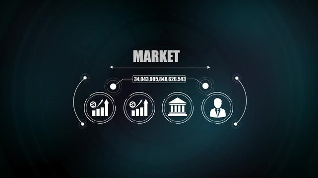 Business market animation featuring financial growth chart icon, creative idea light bulb, banking institution, and corporate executive.
