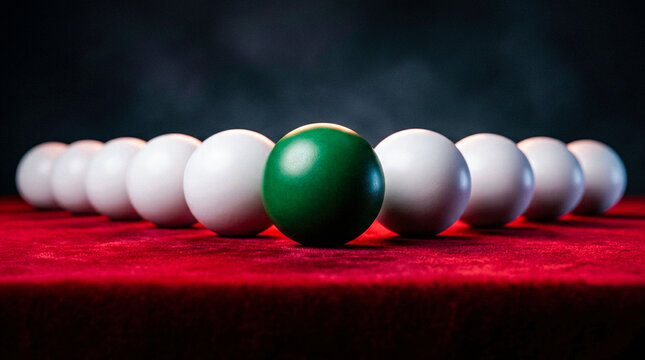 One prominent green billiard ball standing out among a row of white balls on a vibrant red felt pool table surface.