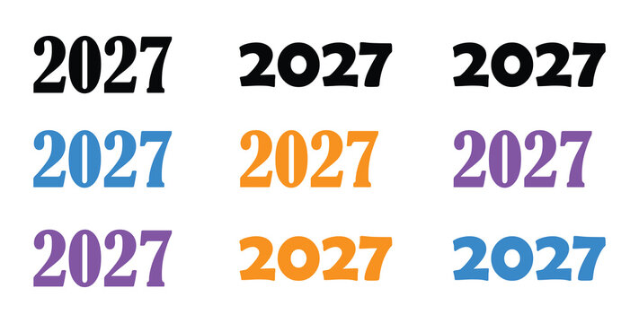 A grid of nine 2027 year labels in various colors isolated on white background