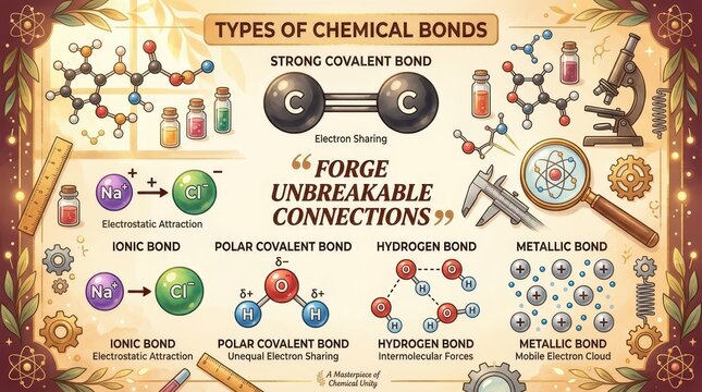 Comprehensive infographic illustrating the different types of chemical bonds with diagrams and explanations, including ionic, covalent, and metallic b