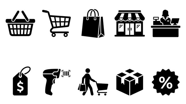 Shopping icons with basket cart bag store register tag scanner shopper package discount