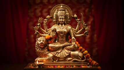 Obraz premium Elegant Brass Statue of Goddess Durga Surrounded by Decorative Flowers