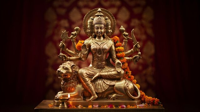 Elegant brass statue of goddess seated on lion surrounded by flowers