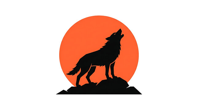 Black silhouette of a wolf howling at a large orange sun on a rock with wildlife