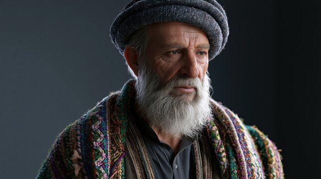 Elderly Afghan man with white beard wearing traditional hat and patterned shawl during a studio portrait
