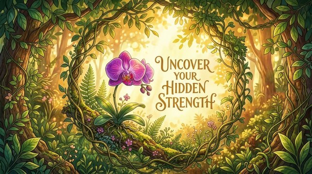 Enchanted Forest with Orchid and Motivational Text 'Uncover Your Hidden Strength' in Golden Sunlight