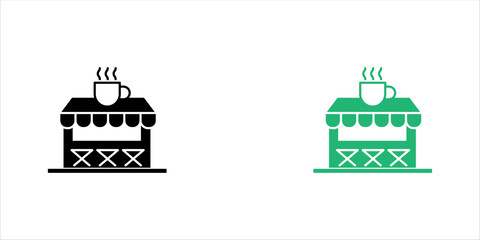 Obraz premium Minimalist black outline icon of a small coffee shop or cafe stall with a steaming cup, striped awning, counter, and stools, representing cafes, coffee businesses, street food shops, and beverage serv