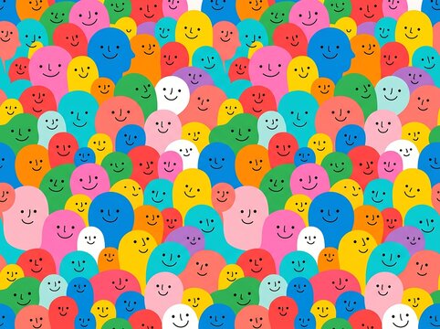 Seamless pattern with colorful cartoon heads showing various happy and funny facial expressions in a crowded group