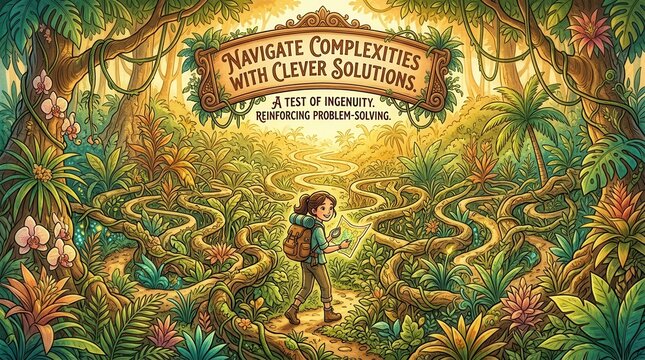 Child navigating a complex jungle maze on a quest for clever solutions, representing problem-solving and ingenuity.
