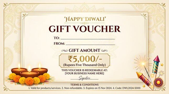 Diwali gift voucher template with traditional decorations