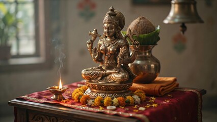 Obraz premium Serene Hindu Goddess Statue Surrounded by Ritual Elements and Decor