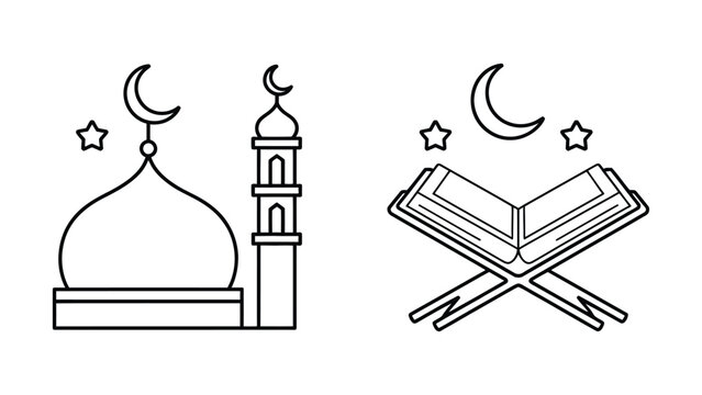 Islamic religious vector icon set with mosque dome, minaret, open Quran on rehal stand, crescent moon, and stars for Ramadan UI